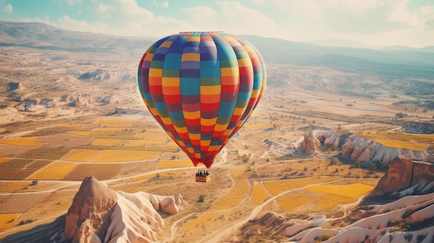 Arafly flying over a valley with a hot air balloon generative ai