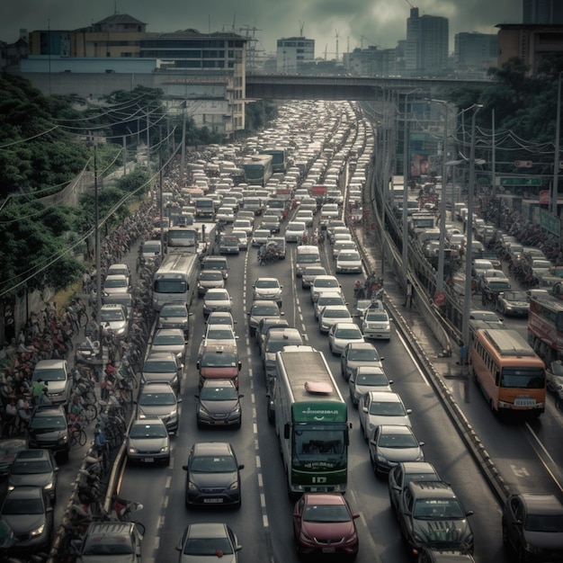 Arafly packed traffic on a busy city street with a bridge in the background generative ai