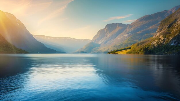 Photo araksfjorden lake in norway is a beautiful mountain lake at sunrise generative ai