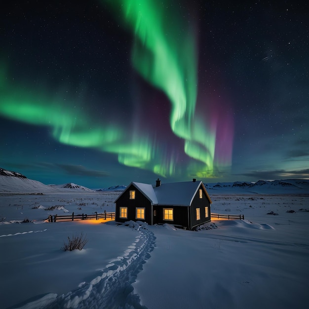 araphid house with a green and purple aurora lights in the sky _Ai generated