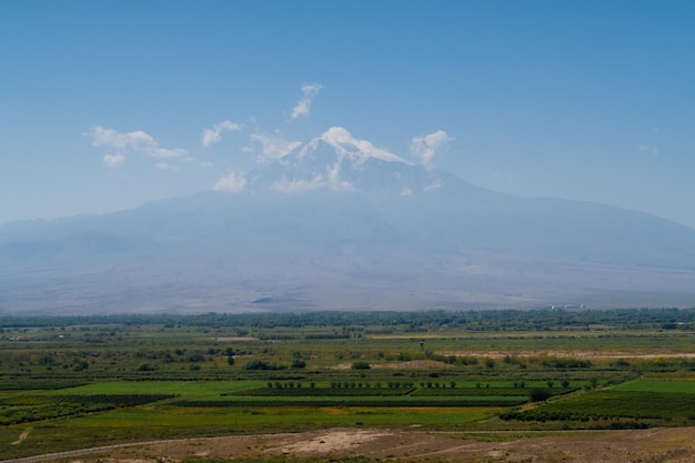 Ararat mountain vineyards view Grape field in Ararat valley View of Khor Virap and Mount Ararat Armenia picturesque mountain range landscape Stock photography