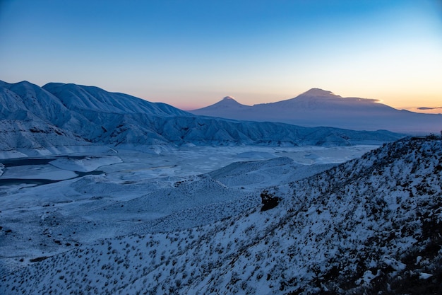 Ararat mountain with snowy landscape at the sunset