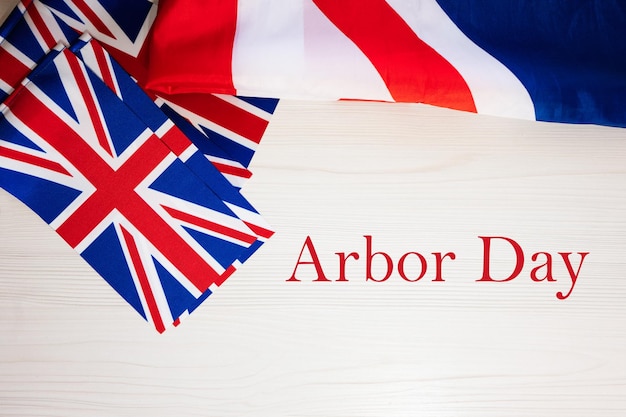 Arbor Day British holidays concept Holiday in United Kingdom Great Britain flag background