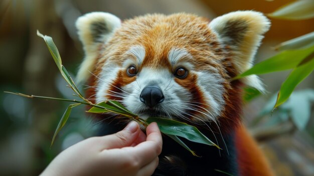 Arboreal exhibit with hands offering bamboo leaves to an adorable red panda