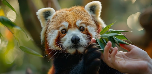 Arboreal exhibit with hands offering bamboo leaves to an adorable red panda