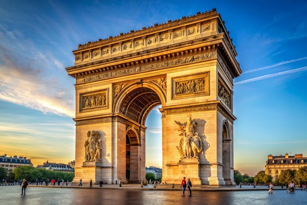 Arc de Triomphe Paris with Eiffel Tower The Arc de Triomphe monument in Paris France