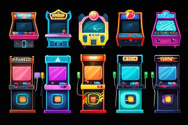 Photo arcade game machines set isolated on black background vector cartoon illustration