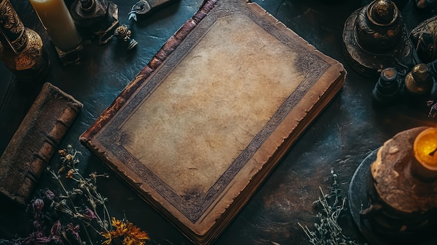 Arcane Enchantment Flat Lay of a Wizards Spellbook and Magical Artifacts