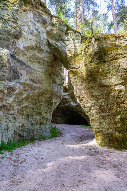 Arch in rock view of sandstone cliff big elita in sunny day beautiful latvia natural