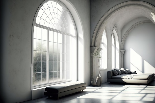 Arch windows and a minimalist interior with worn out walls interior design model