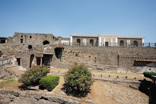 Archaeological ruin of ancient Roman city Pompeii was destroyed by eruption of Vesuvius volcano nearby city in Pompeii Campania region Italy