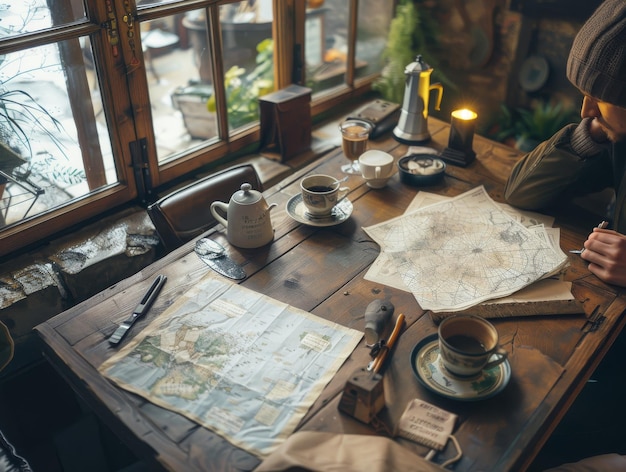 Photo archaeologist at a cozy cafe planning next expedition maps and artifacts on table intimate and thoughtful