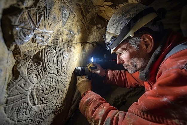 Photo archaeologist studying monolithic cave art mysteries of prehistoric civilizations