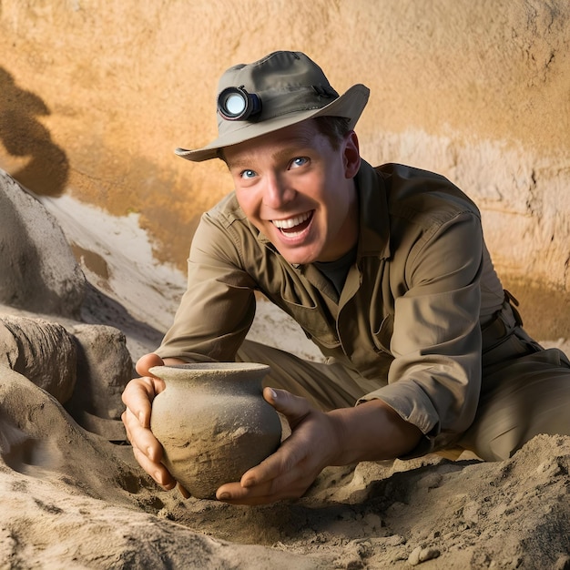 A archaeologist with a hat on and a hat on holding a clay pot