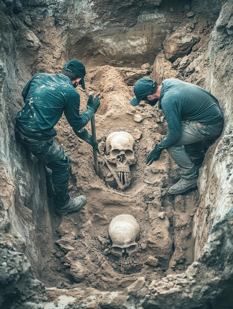 Photo archaeologists carefully uncovering ancient burial sites