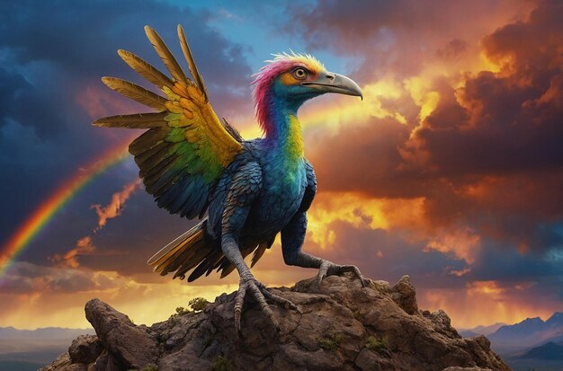 Archaeopteryx Nesting with Rainbow Sky