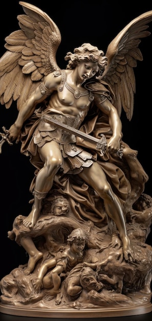 Archangel Michael fighting with devil beautiful statue generative AI