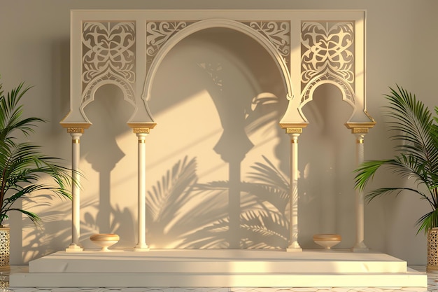 Arched backdrop with ornate Islamic design podium and palm shadows