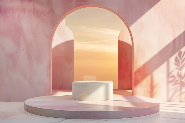 Arched backdrop with podium in pastel colors and soft sunset light