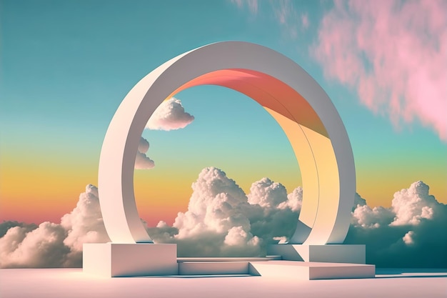 Arched portal podium on fantasy surreal landscape Pastel gradient cloud sky Generative AI illustration