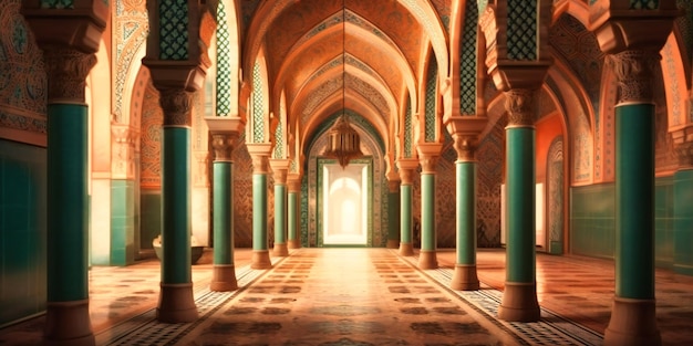 Arched walkways in a mosque that have decorative tile