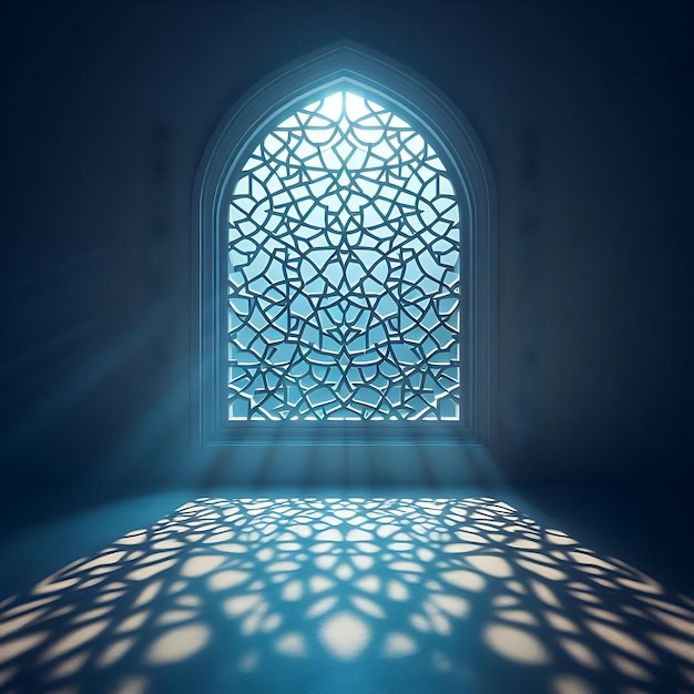 An arched window with intricate geometric patterns