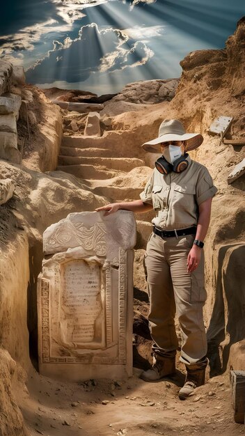 A archeologist wearing a mask stands in front of a stone plaque artifact