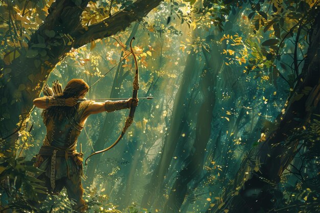 Photo archer in the sundappled forest