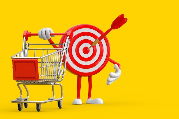 Photo archery target and dart in center cartoon person character mascot with shopping cart trolley 3d rendering