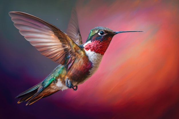 Archilochus colubris a male Ruby throated Hummingbird is flying against a vibrant background