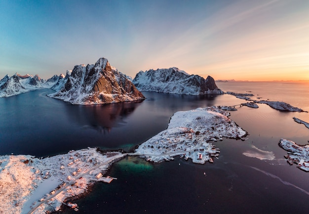 archipelago with fishing village on coastline in winter