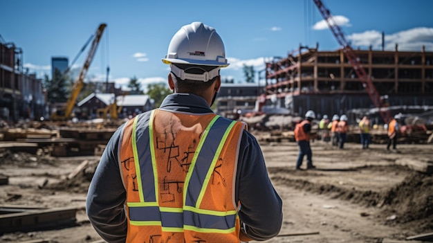 Architect or Civil Engineer Standing Outside with His Back to Camera in a Construction Site