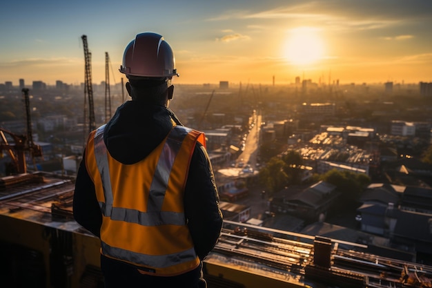 Architect or construction worker or civil engineer or foreman with hard hat and safety vest