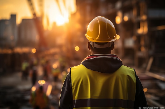 Architect or construction worker or civil engineer or foreman with hard hat and safety vest