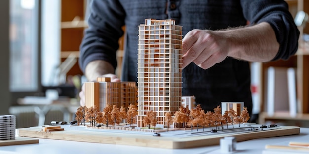 Photo architect crafting miniature model of modern building complex