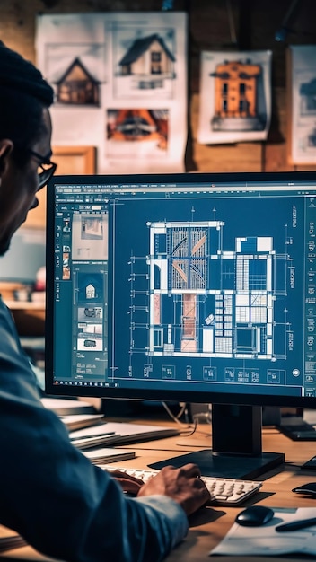 Architect designing blueprint floor plan sketch on computer architecture