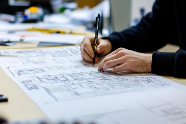 Photo architect designing blueprints at a desk in a modern office during the day