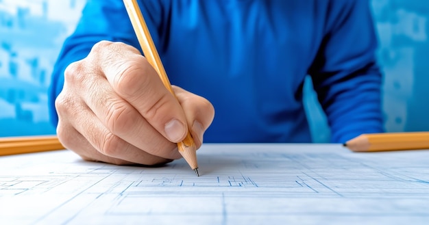 Photo architect designing building plans with pencil on drafting table in a bluethemed workspace