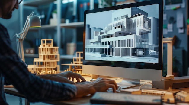 Architect Designing Modern Building Using Computer and Model