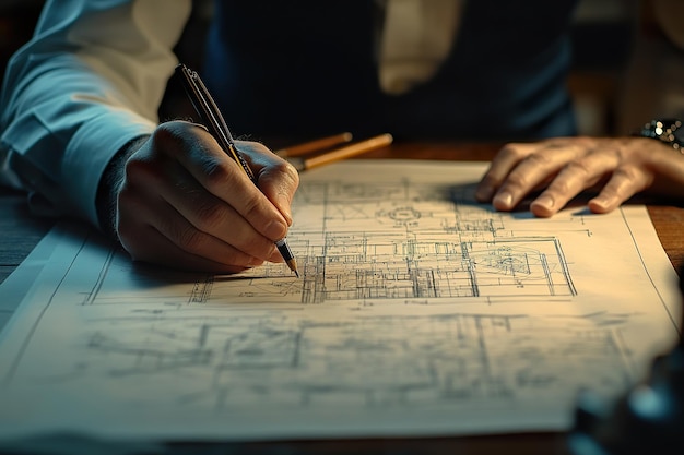 Photo an architect drawing detailed plans with rulers and compasses