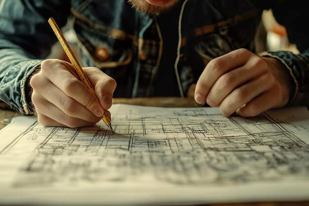 an architect drawing detailed plans with rulers and compasses