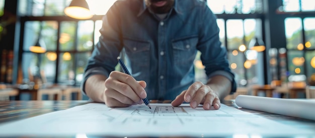 Photo architect drawing a plan in a cafe