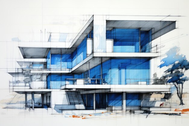 Architect drawings on top in the style of white and blue