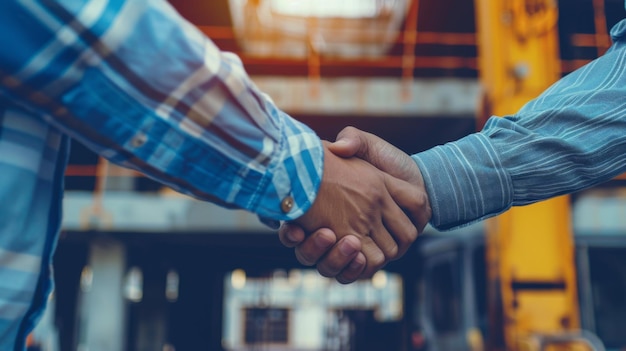 Architect and engineer construction workers shaking hands while working at outdoors construction site Building construction collaboration concept