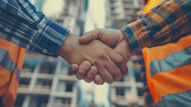 Architect and engineer construction workers shaking hands while working at outdoors construction site Building construction collaboration concept