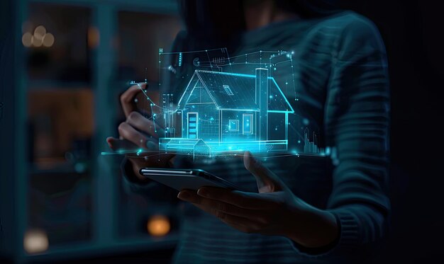 Photo architect or engineer interacting with a futuristic holographic display showing a blueprint of a house it represents hightech architecture or engineering design