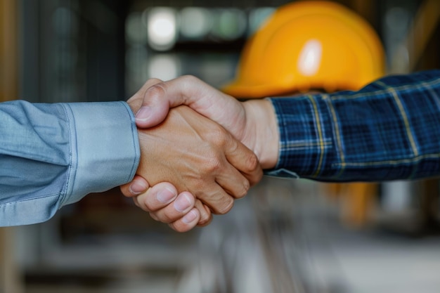 Architect and engineer shake hands on construction site