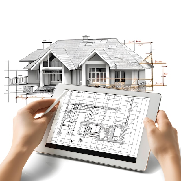 architect engineer use tablet to read drawing design house planning design and construction