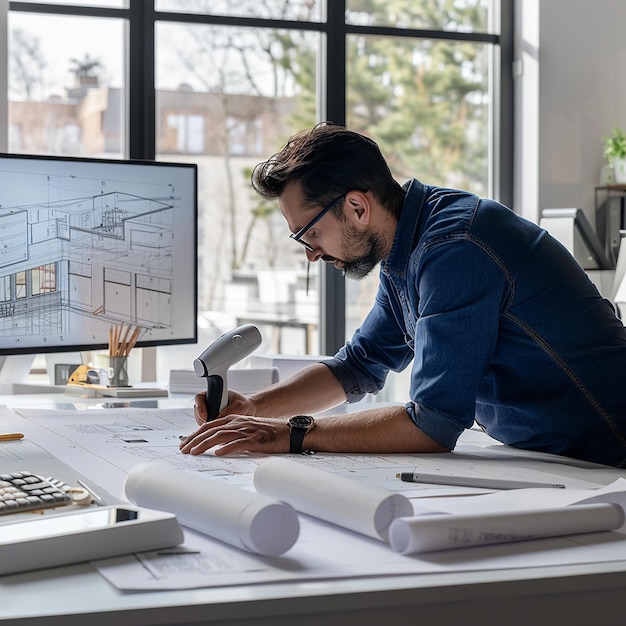 Architect Examining Architectural Blueprint with Accuracy