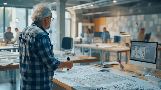 Architect Examining Architectural Blueprint with Accuracy